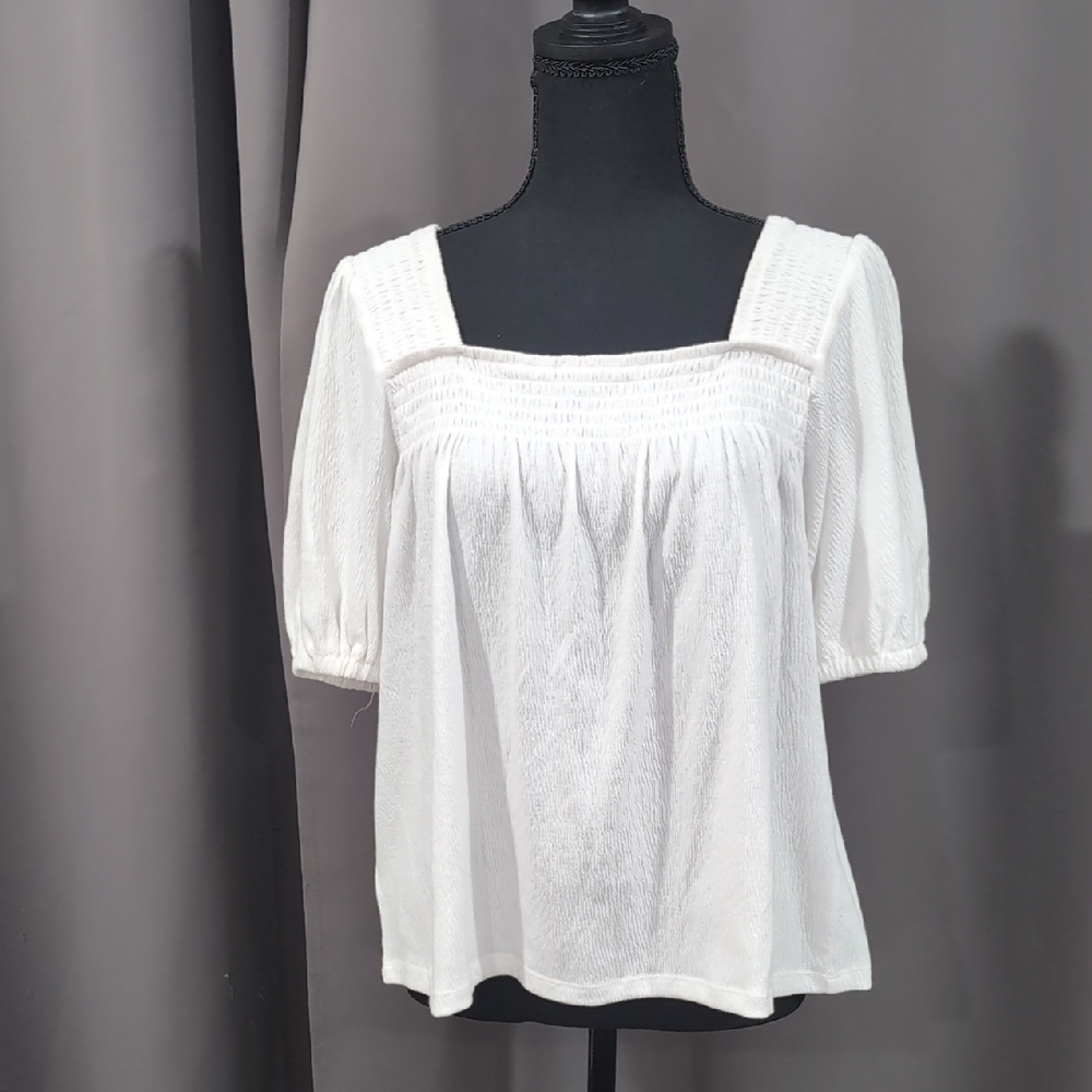 LOFT White Textured Square Neck Blouse